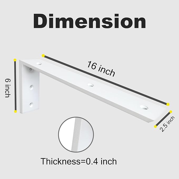 WINKER Countertop Support Bracket 4 Pack Heavy Duty 3/8" Thick Hidden L Shelf Bracket 16" x 6" x 2.5" Metal Corbels for Quartz/Granite/Wood/Concrete/Laminate Countertops, White