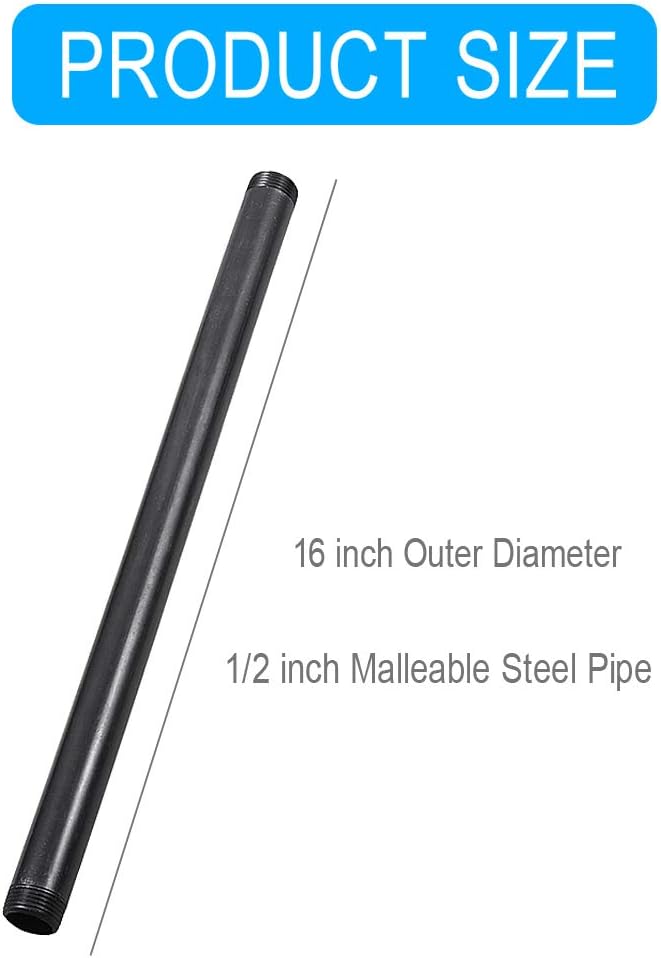 10 Pack 1/2 Inches x 16 Inches Black Malleable Steel Nipples Fitting, DIY Steampunk Industrial Vintage Style.