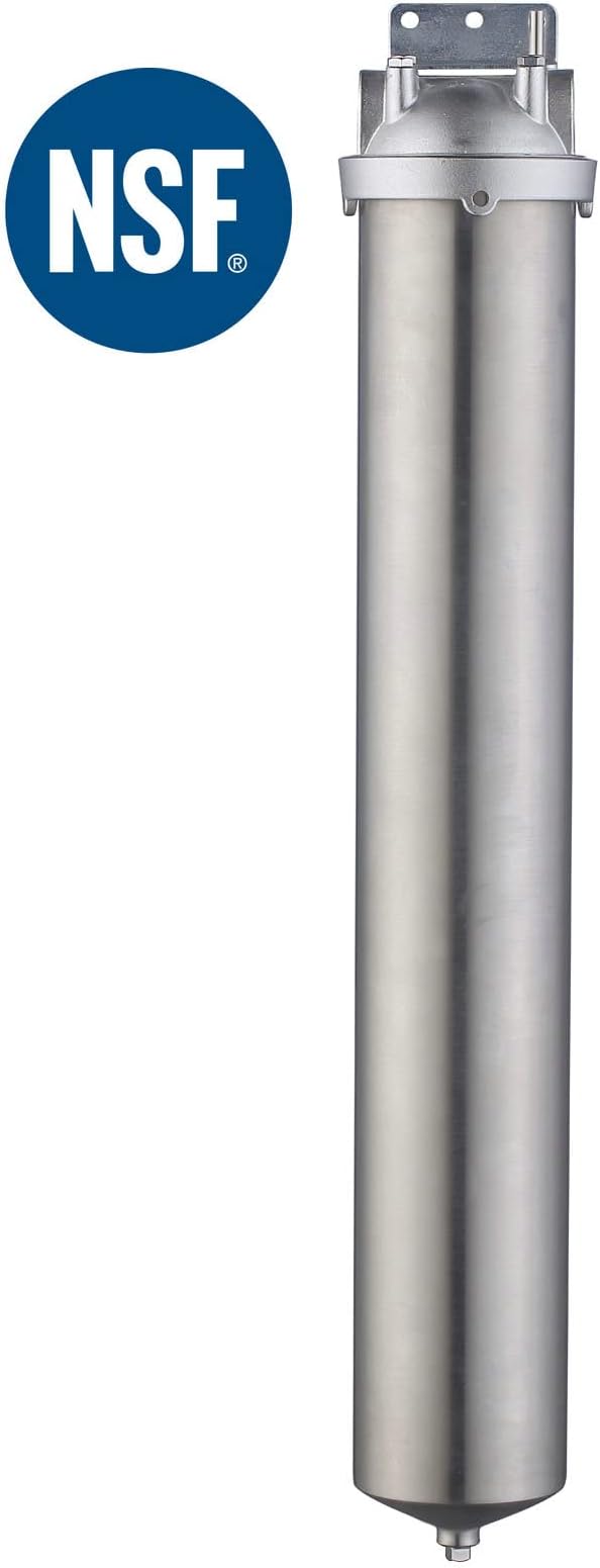 Amwater NSF/ANSI 42 Stainless Steel Whole House Water Filter Housing, 20" x 2.5" Sediment Water Filter System for Heavy Duty, Well & City Water, 1" NPT Port, Drain Valve Style C
