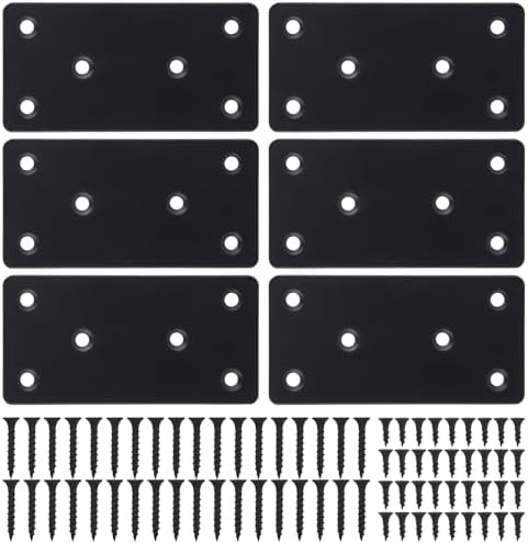 Metal Steel Flat Straight Brace Bracket, Black Double-Wide Joining Plate for Wood Furniture Fastening & Fixing with 2 Sets of Screws of Different Lengths (50x100mm, 6 Pack)
