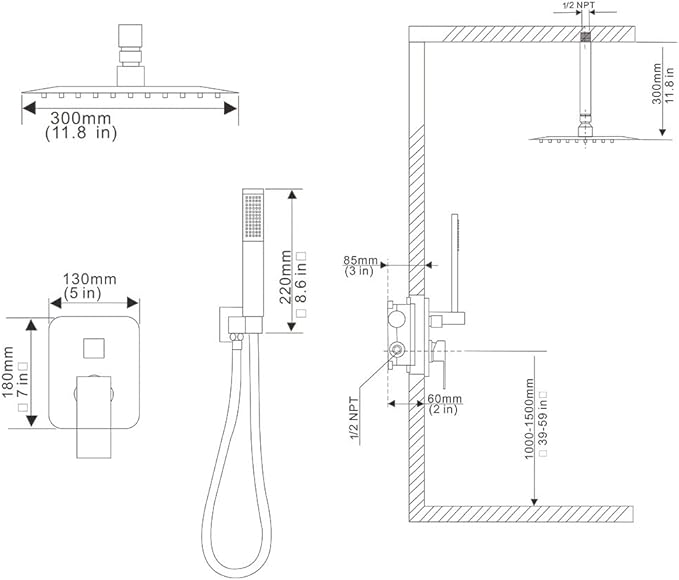 12 Inch Ceiling Mount Matte Black Shower System Bathroom Luxury Rain Mixer Shower Combo Set Ceiling Rainfall Shower Head System (Contain Shower Faucet Rough-in Valve Body and Trim Kit)