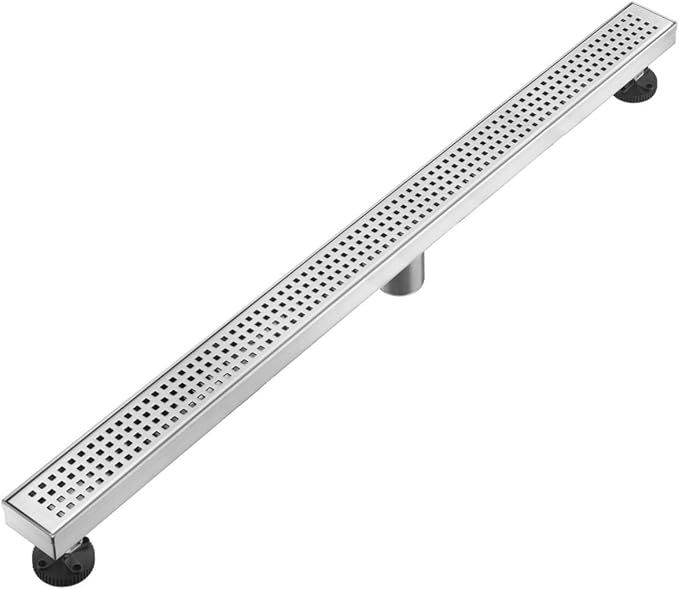 Linear Shower Floor Drain, Brushed Nickel 60 Inch 304 Stainless Steel Bathroom Drains Kit, Long Rectangular Shower Trench Drain with Square Pattern Drain Cover & Hair Catcher