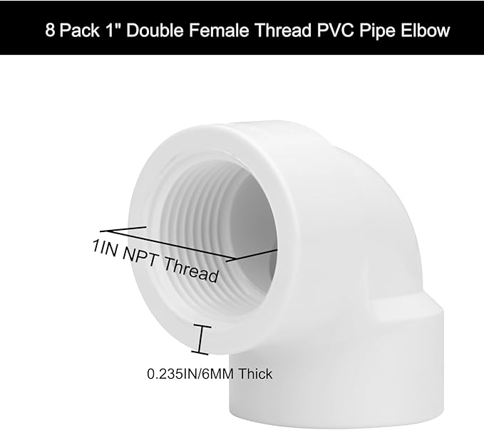 8Pack 1" Double Female Thread 90 Degree PVC Elbow Pipe Fitting Connector SCH40 1IN F to F Threaded 90 Degree Elbow PVC Corner Adapter Pipe Fitting for Home Sewer Plumbing Water Line