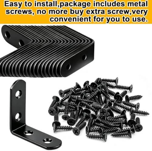 30PCS L Brackets Corner Braces, Black 90 Degree Right Angle Brackets with 120PCS Screws, Heavy Duty Metal Joint Fasteners for Furniture, Bed Frame, Cabinet, Shelf,1.57x1.57 Inch