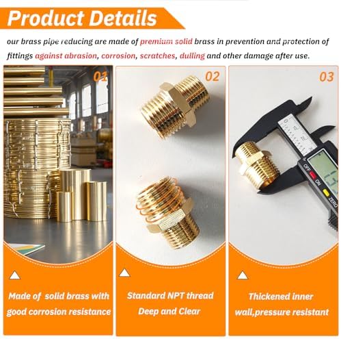 2pcs 1/4" NPT x 1/8" NPT Brass Nipple, 1/4 to 1/8 Adapter Fitting Reducing Solid Hex Nipple, Brass 1/4 Male to 1/8 Male Reducer Pipe Fittings for Extending and Connecting Pipes