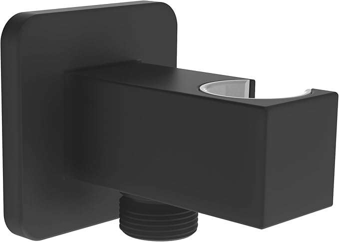 Aquaiaw Wall Supply Elbow with Flange, Tapered 1/2 NPT Female Inlet, Solid Brass Wall Union With Handshower Holder, Square Wall Supply Elbow With HandHeld Shower Head Bracket, Electroplate Matte Black
