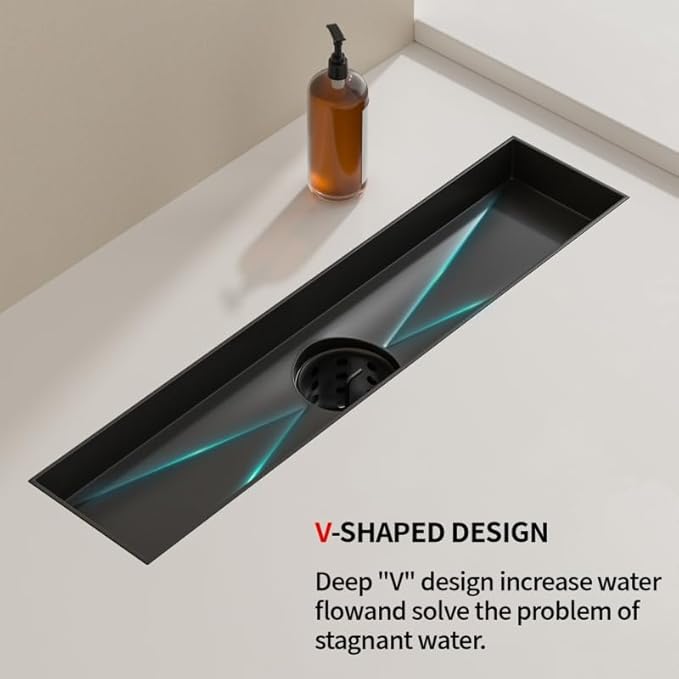 Linear Shower Drain, 304 Stainless Steel with Adjustable Leveling Feet, Hair Strainer,Reversely Install Place to Create an Invisible Floor Drain - Black -16-Inch