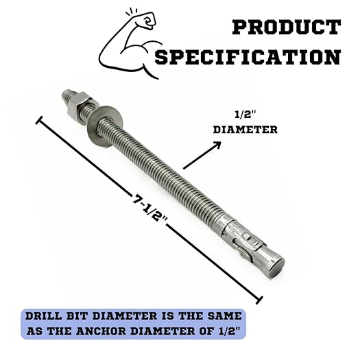 Wedge Anchors – Heavy-Duty 304 Stainless Steel Expansion Bolts for Concrete & Masonry, Rust-Resistant & Durable - 1/2" X 7-1/2" - 5 Pack