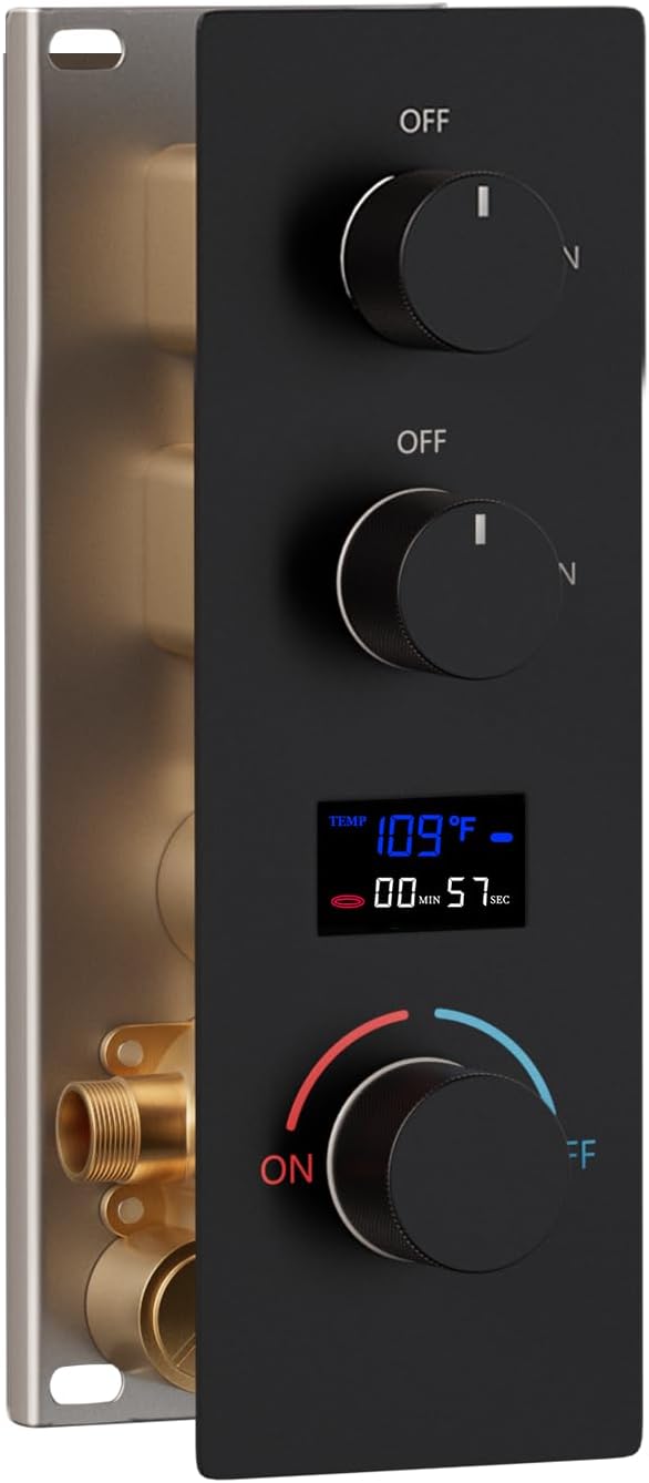 Concealed Mount Brass Shower Valve, Digital Temperature Display, Flow Control Mixing Valve, 2 Function, Matte Black