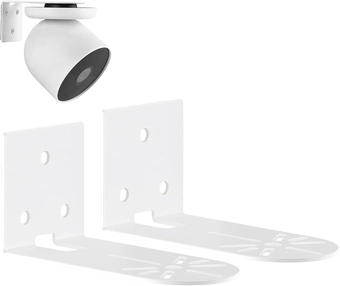 2 Pack Metal Wall Mount for Google Nest Indoor Cam 2nd Gen, Adhesive or Screw Mounting Bracket, No-Drill Shelf Holder for Better View, Durable White Camera Mount for Wall, Deck, Room