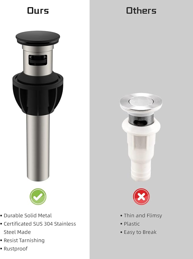 Hibbent 2 Pack Metal Bathroom Sink Drain with Overflow, Push and Seal Pop Up Drain Stopper, Stainless Steel Vessel Lavatory Vanity Sink Drain Stopper, Anti-Clogging Strainer, Matte Black