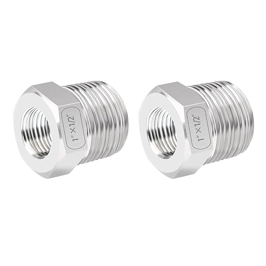Quickun Stainless Steel Reducing Hex Bushing, 1" Male NPT to 1/2" Female NPT, Reducer Bushing Pipe Hose Fitting （Pack of 2）