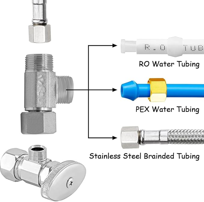 2PCS Lead-Free Brass Nickel Plating Angle Stop Add-A-Tee Valve, 3/8" Compression Inlet x 3/8" Compression Outlet x 3/8" Compression Outlet, Water Line Splitter 3 Way Valve Fittings