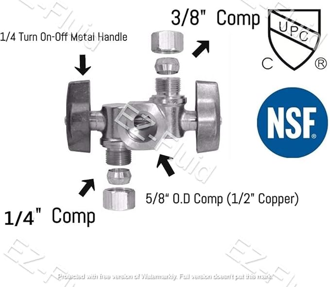 EZ-Fluid 5/8" Comp O.D X 1/4" Comp X 3/8" Comp 1/4 Turn Double Metal Two Handles Dual Outlet Brass Angle Stop Valve Water Shut Off Ball Valve For Water Pipes LF,Faucet Toilet,Dishwasher,Filter(1)
