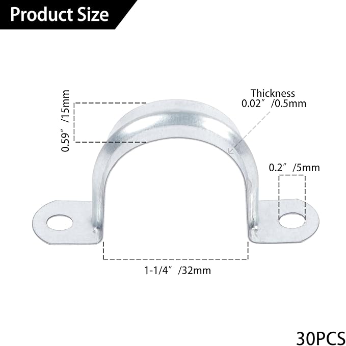 30 PCS 1-1/4 Inch Reinforced Rigid Pipe Strap , 2 Holes U Bracket Cable Clamp Hanger, Zinc Coated Tension Tube Clip, Conduits Strap Clamps for Pipe Fixing on Various Surfaces, 32 mm