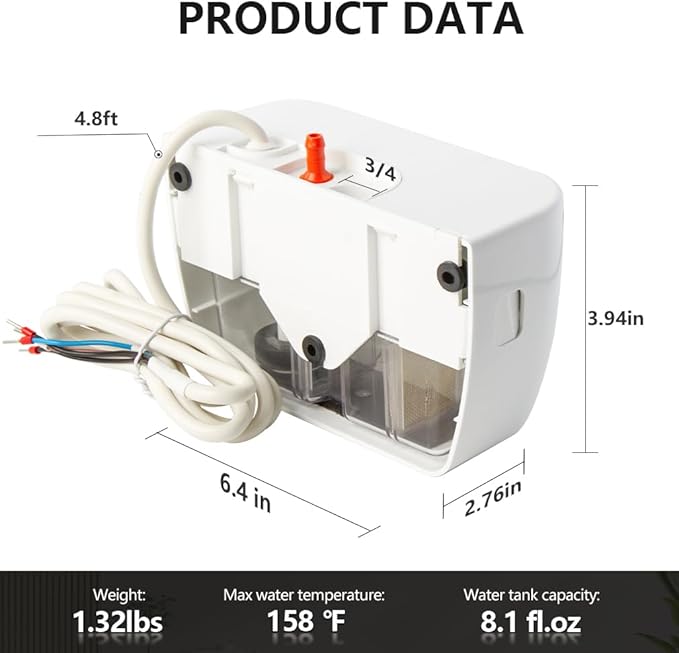 Wisewater 100-240V 65.6FT 10GPH Slient Mini Split Condensate Pump 19dB Low Noise Automatic Condensate Removal Pump with Safety Switch for HVAC Split AC HVAC Portable Air Conditioner Dehumidifiers