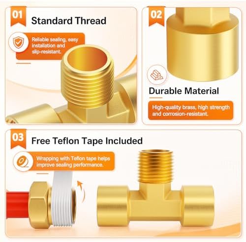 GASHER 2PCS Metals Brass Pipe Fitting Barstock Male Branch Tee T Adapter 1/8" NPT Female x 1/8" NPT Female x 1/8" NPT Male