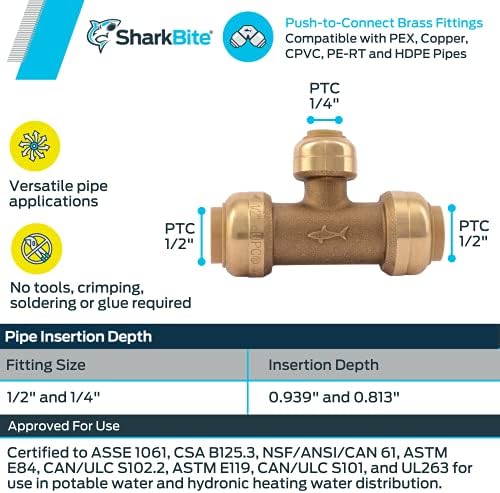SharkBite 1/2 Inch x 1/2 Inch x 1/4 Inch (3/8 Inch OD) Reducing Tee, Push To Connect Brass Plumbing Fitting, PEX Pipe, Copper, CPVC, PE-RT, HDPE, U359LFA