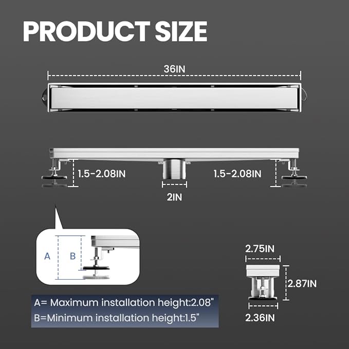 Linear Shower Drain 36 Inch, Shower Drain with 2-in-1 Tile Insert Panel, Brushed AISI 304 Stainless Steel Linear Drain for Fast Drainage, Floor Drain for Bathroom, Kitchen, Garage & More