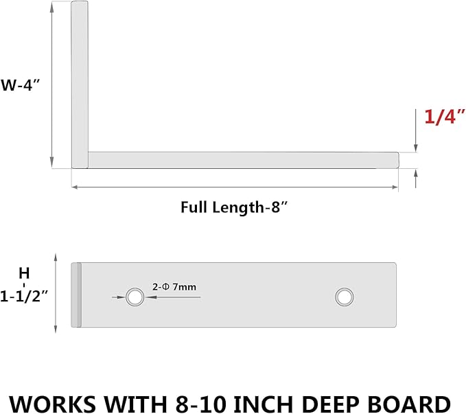 4-Pack 8 Inch Heavy Duty Shelf Brackets, Premium Floating L Bracket for Wall, Kitchen, Mantel Shelves Support | Quarter Inch (1/4") Thick | Black Powder Coated Steel
