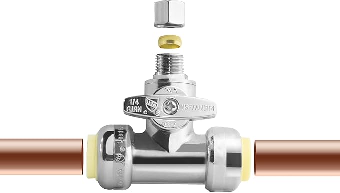 WiseWater Tee Stop Valves 1/2" Push x 1/2" Push x 3/8" O.D Push Fit Valve with Disconnect Clip, 1/4 Turn Chrome Plated Brass Water Shut Off Valve for Copper, PEX, CPVC Pipe (2 Pack)
