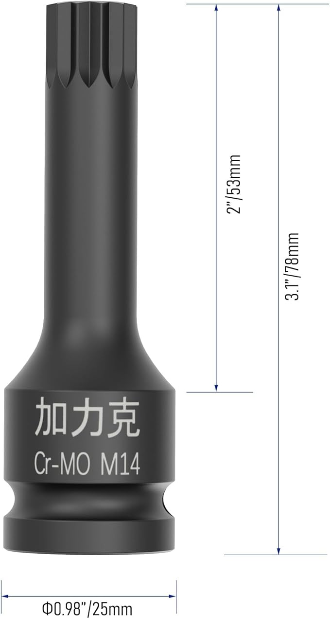 1/2-Inch Drive x M14(14mm） Impact XZN Triple Square Spline Bit Socket, Metric Lengthen Screwdriver Socket Adapter, 3-Inch Length, CR-MO Steel, One-Piece Construction, Black
