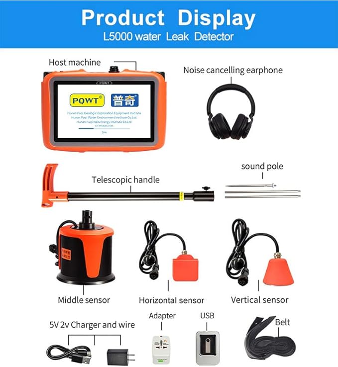 PQWT L5000 Underground Water Leak Detectors Indoor Outdoor Wall Water Pipe Detector Machine Multi Sensor Acoustic Pipeline Leakage Detection Kit Noise Reduction Headphone Smart Touchscreen Carry Case