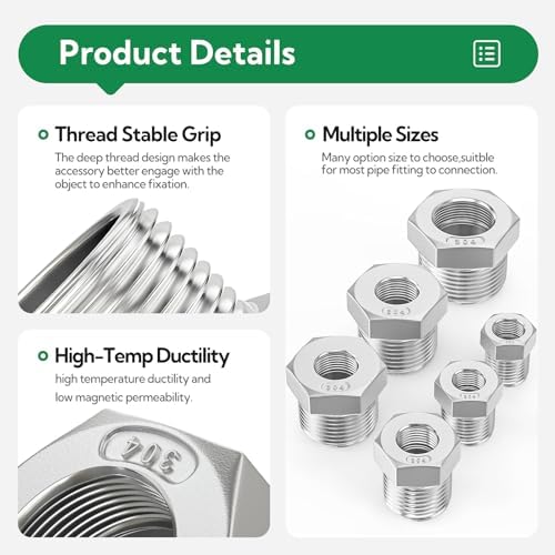 TAISHER 8PCS 304 Stainless Steel Reducer Hex Bushing, 3/4" NPT Male x 1/2" NPT Female, Reducing Pipe Adapter Fitting