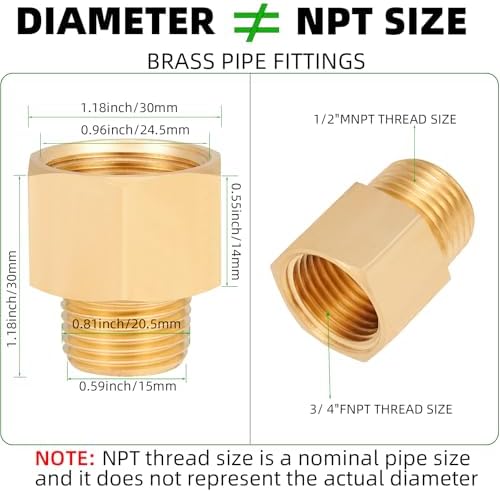 Brass Pipe Fitting,1/2 Inch NPT Male to 3/4 Inch NPT Female Brass Pipe Hose Tube Fitting 1/2'' Male NPT to 3/4'' Female NPT Reducer Adapter 5pcs (1/2 npt male x 3/4 npt female)