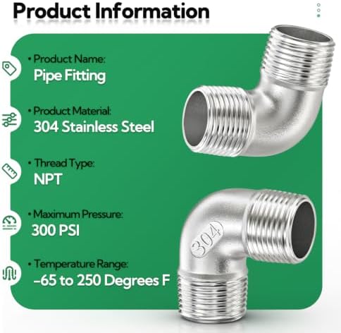 TAISHER 2PCS 304 Stainless Steel 90 Degree elbow,1/2" NPT Male × 1/2" NPT Male Thread Pipe Fitting