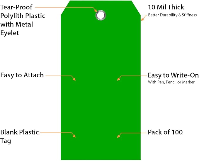 SmartSign 100-Pack Green Plastic Tags with Pre-Punched Hole, 4.75" x 2.375", Size#5, 10 mil Tearproof Plastic Tags with Metal Eyelet, Writable Blank Tags for Shipping/Labeling, USA-Made