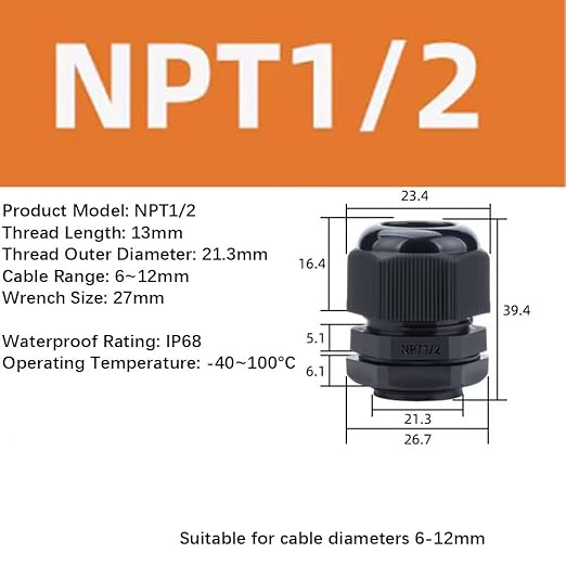 10 Pack 1/2" NPT Cable Gland Waterproof IP68 Nylon Cable Pass Through Cord Grip Connector Strain Relief Wire Grommet, for Electrical Enclosures Junction Boxes, LED Light