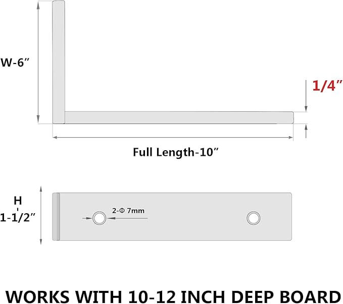 6-Pack 10 Inch Heavy Duty Shelf Brackets, Premium Floating L Bracket for Wall, Kitchen, Mantel Shelves Support | Quarter Inch (1/4") Thick | Black Powder Coated Steel
