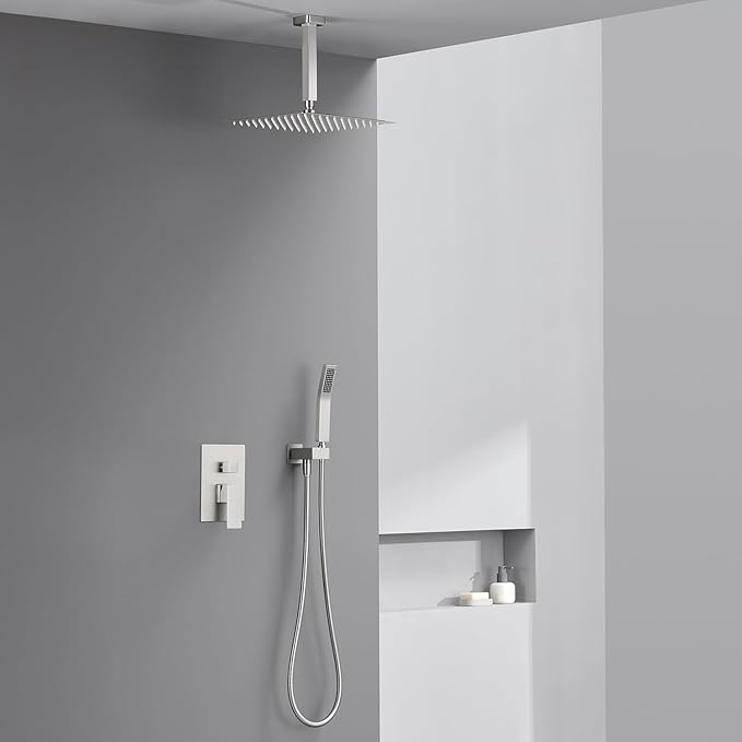 Shower System 12 Inches Rain Shower Combo Set Brushed Nickel Ceiling Mount Shower Faucet Bathroom Faucets with Rainfall Shower Head and Hand Shower