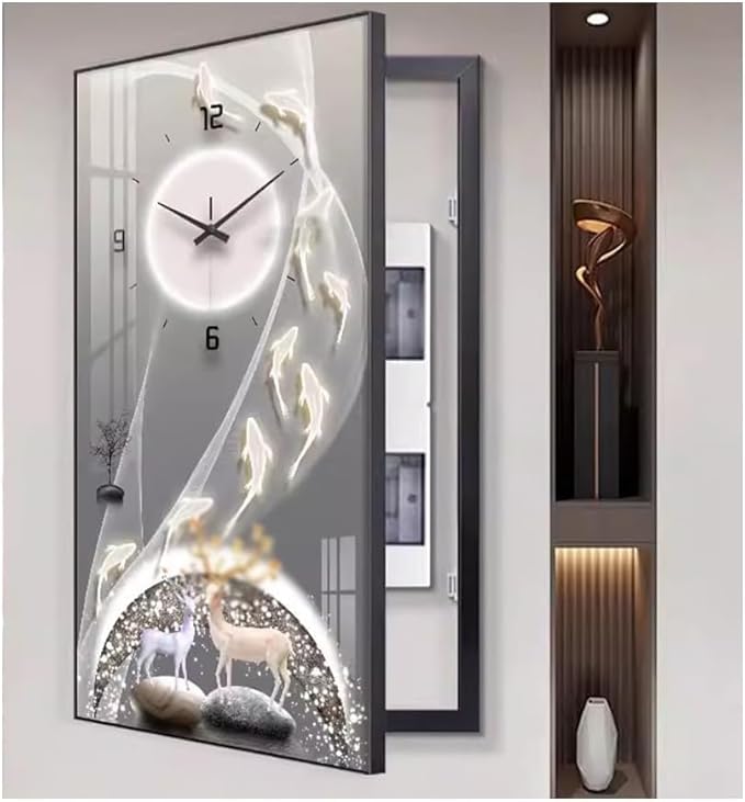 Fuse Box Cover Cabinet, Breaker Box Cover, Decorative Painting of Electricity Meter with Clock, Wall Mounted Hide Electrical Panel Cover Decorative,E,45x90cm