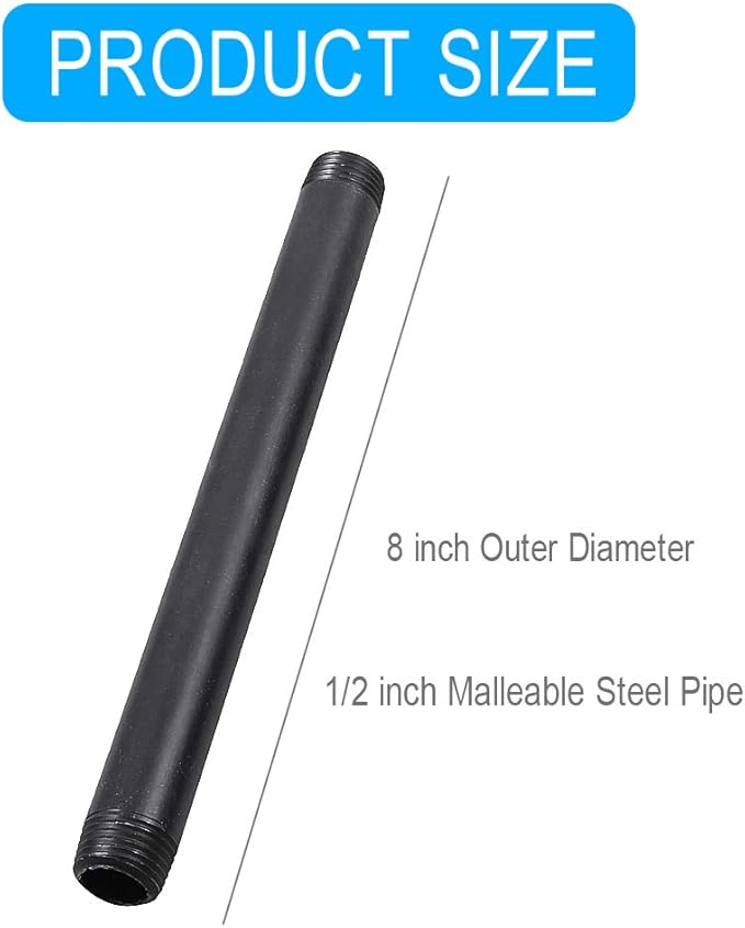 10 Pack 1/2 Inches x 8 Inches Black Malleable Steel Nipples Fitting, DIY Steampunk Industrial Vintage Style.