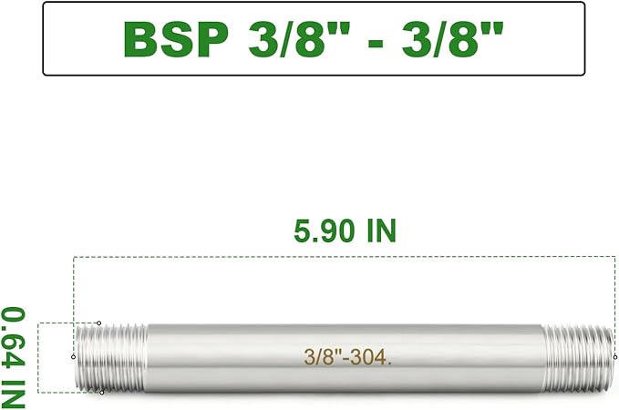 TAISHER 2PCS Stainless Steel Pipe Fittings, 3/8" BSP Male x 3/8" BSP Male Threaded, 6" Length Nipple Cast Pipe