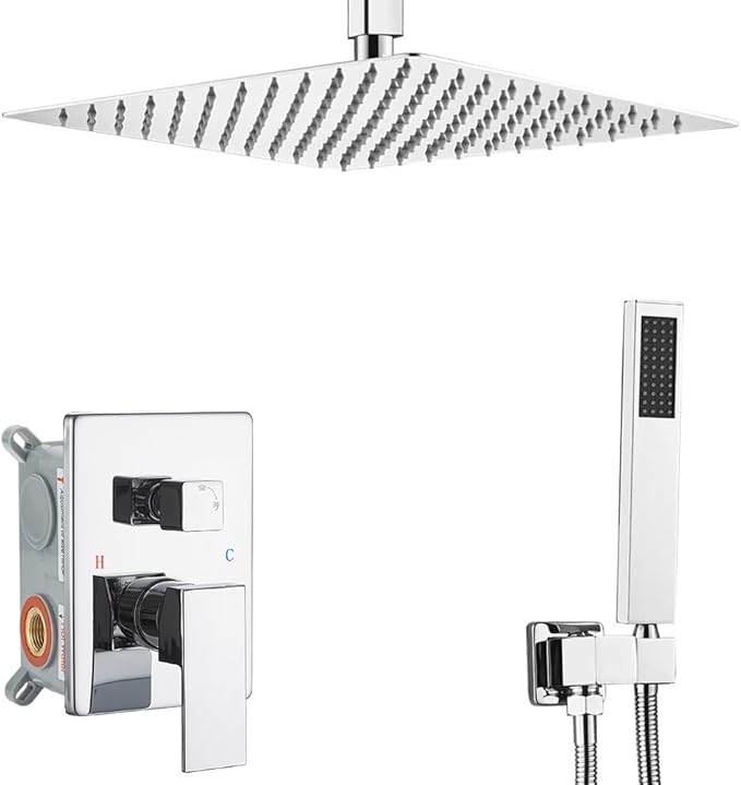 ‎Polished Chrome Shower System Bathroom 12 Inch Rain Shower Head Ceiling Mount with Handheld Luxury High Pressure Shower Combo Set Shower Faucet Rough-in Valve Body and Trim Kit