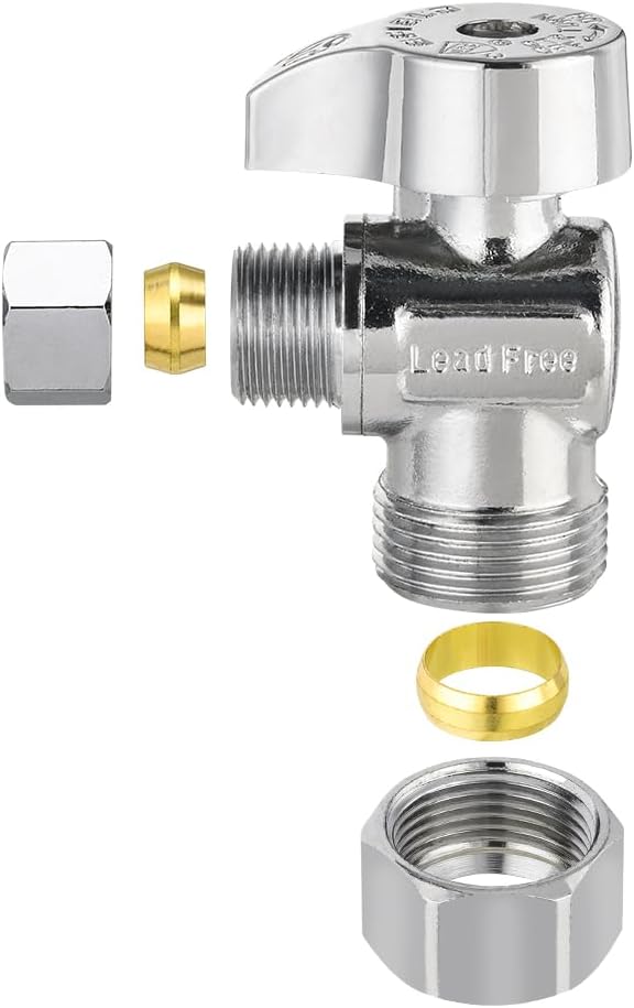 Pro 8-Pack EFIELD Angle Stop Valve 1/2" Nominal (5/8" OD) Compression x 3/8" OD, 1/4-Turn, Heavy-duty, Chrome Plated LF Brass,(VALVE371)