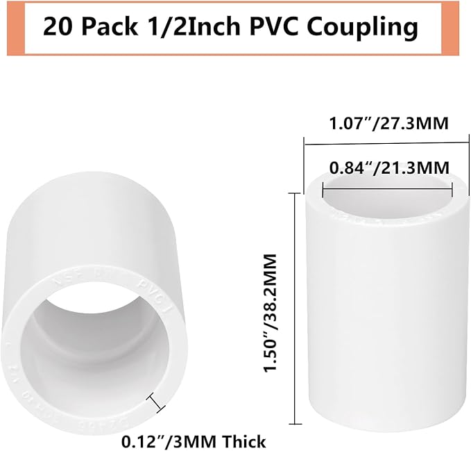 20 Pack 1/2" PVC Pipe Coupling Adapter Pipe Fitting Connector (Socket x Socket), Furniture Build Grade SCH40 1/2 Inch PVC Pipe Slip Socket Connectors for Home or Industrial Use, White