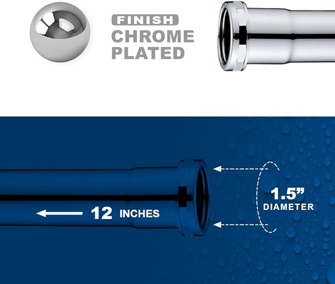 ZM 1-1/2 Inch Heavy Duty Extension Tube with Slip Joint Connection, 12 Inch Length, 22 Gauge, Brass Plumbing Fitting, Chrome