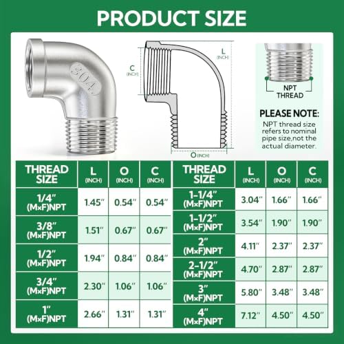 TAISHER 5PCS 304 Stainless Steel 90 Degree elbow, 1 Inch NPT Male Pipe to 1 Inch NPT Female 304 Stainless Pipe Fitting