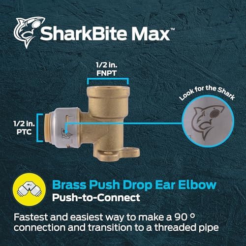 SharkBite Max 1/2 Inch x 1/2 Inch Drop Ear Elbow, FNPT, Push to Connect Brass Plumbing Fitting, PEX Pipe, Copper, CPVC, PE-RT, HDPE, UR334A
