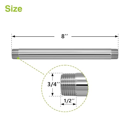 Naiture Brass Heavy Duty 1/2 NPT Connection Threaded Pipe Fitting Nipple, 8" Long, Chrome Finish