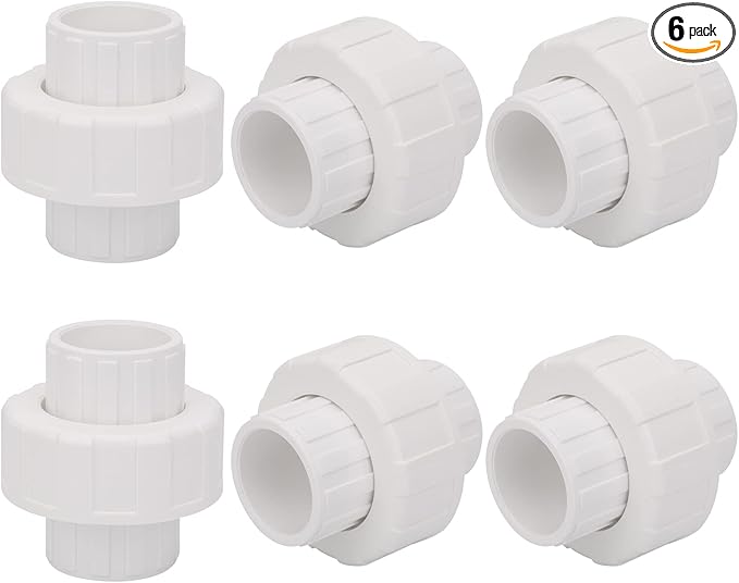 6Pcs 3/4" PVC Union Coupling Pipe Fitting (Socket x Socket) 3/4Inch PVC Slip Union PVC Adapter Coupling Schedule 40, EPDM O-Ring, White