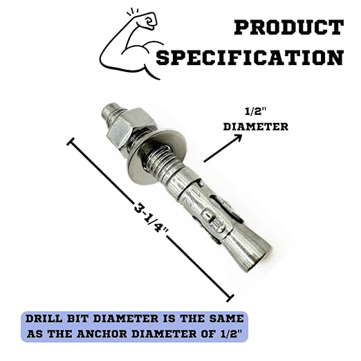 Wedge Anchors – Heavy-Duty 304 Stainless Steel Expansion Bolts for Concrete & Masonry, Rust-Resistant & Durable - 1/2" X 3-1/4" - 25 Pack