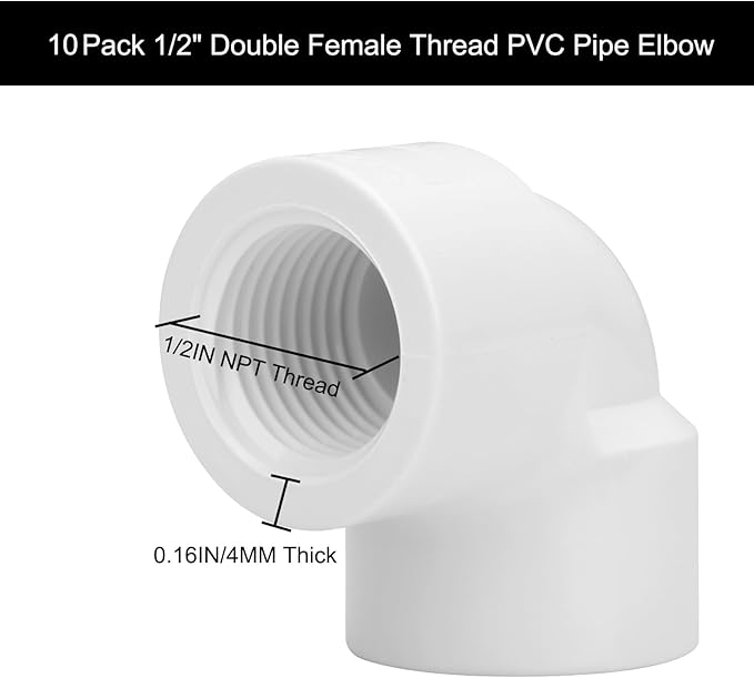 10Pack 1/2" Double Female Thread 90 Degree PVC Elbow Pipe Fitting Connector SCH40 1/2Inch F to F Threaded 90 Degree Elbow PVC Corner Adapter Pipe Fitting for Sprinkler, Irrigation