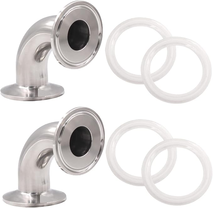 DERNORD 2 Pack 1" Tube OD Sanitary Ferrule Elbow 90 Degree Pipe Fitting with 4 Silicone Gaskets SUS304 Tri Clamp 1.5 Inch