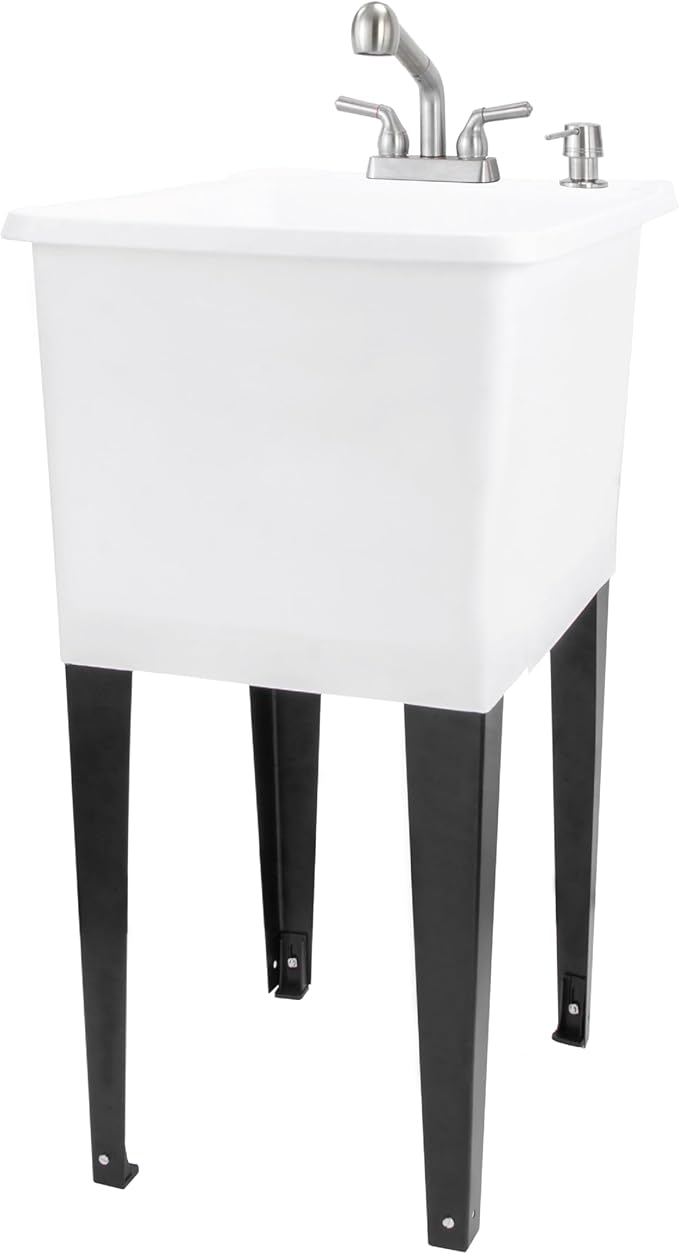Space Saver Utility Sink by JS Jackson Supplies, Pull-Out Faucet, Soap Dispenser, White Tub with Stainless Steel Faucet