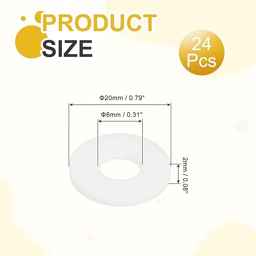 MECCANIXITY PTFE Flat Washers, 24Pack 20mm OD 8mm ID 2mm Thick Sealing Spacer Gasket Ring for Faucet Pipe Hose Bolt Machinery, White